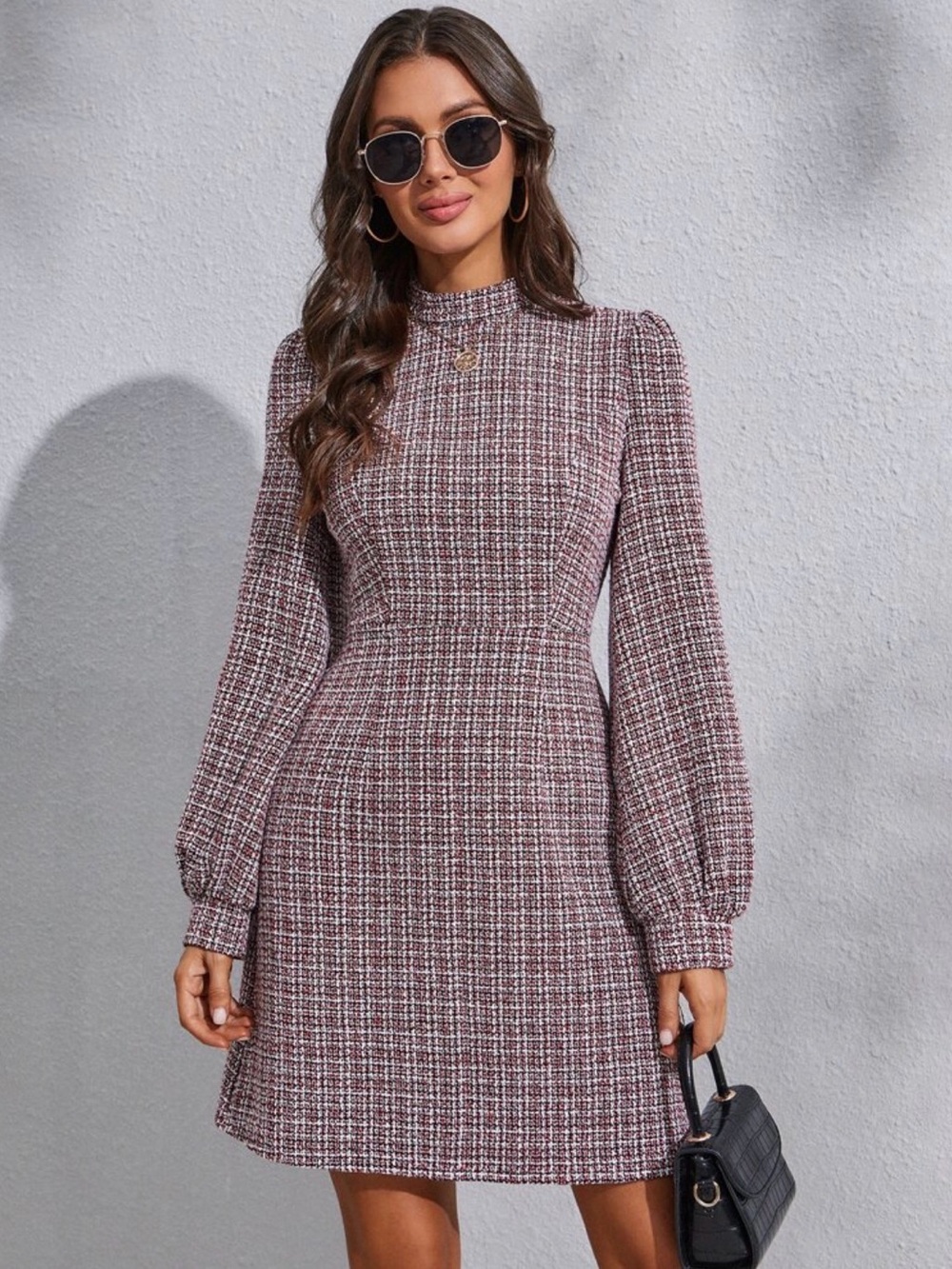 Long Sleeve Tweed Fit-and-Flare Dress in Mauve